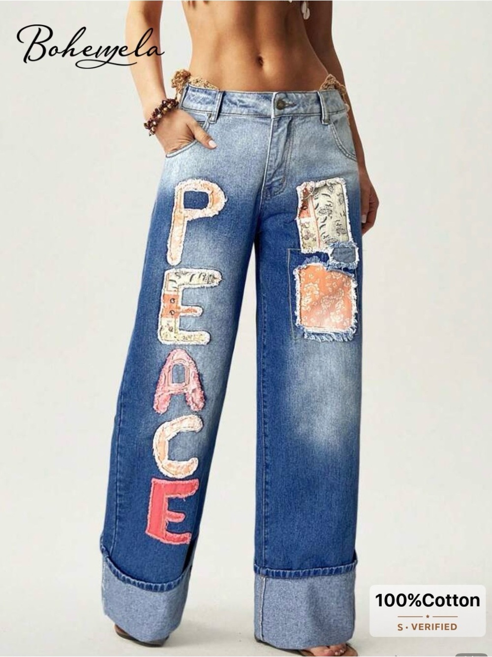 NWOT Bohemela Denim Wide-Leg Jeans with Colorful 'PEACE' Patchwork, Size Large
